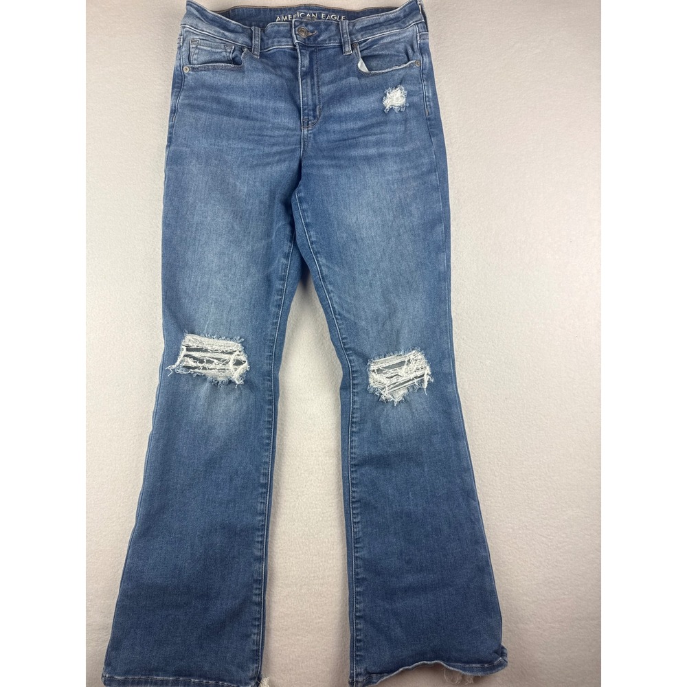 American Eagle Hi-Rise Skinny Kick Distressed Jeans Blue 10 Short Raw Hem
